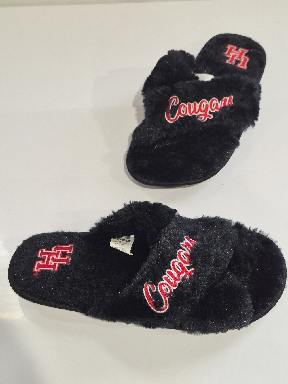 FOCO Black 'Cougars' Fuzzy Slide Sandals - Women's Cozy Slip-Ons Size Women M